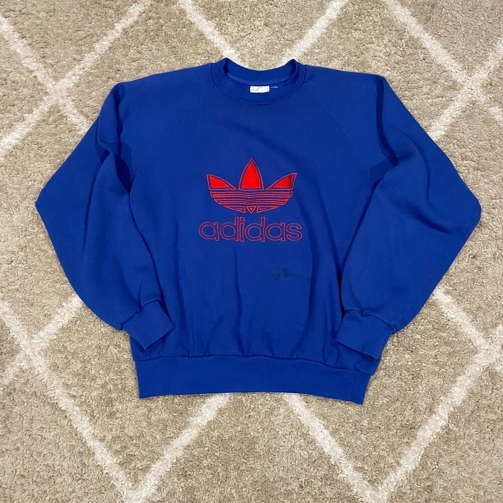 Men's Vintage 80s/90s Adidas Trefoil Embroidered Crewneck Sweatshirt Blue Size S